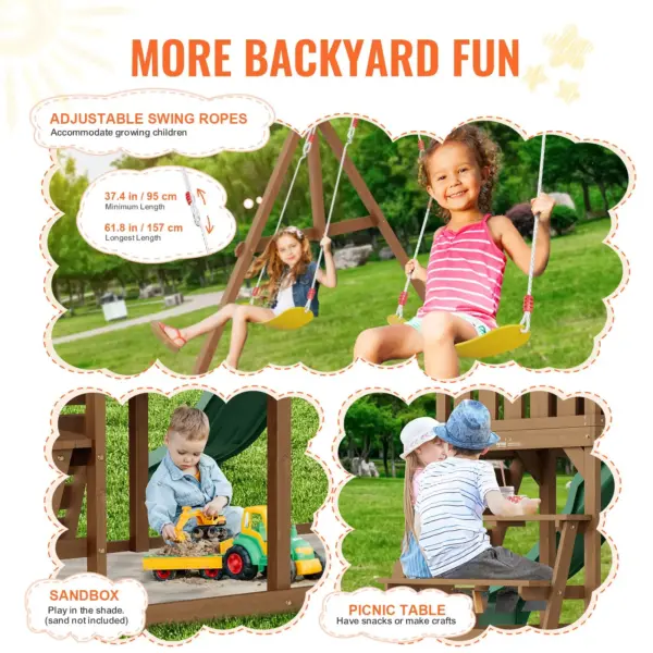 VEVOR Wooden Swing Set, 9 IN 1 Outdoor Playground Sets for Backyards, 2 Swings, Trapeze Bar, 6 FT Slide, Large Upper Fort with Kitchen Toys, Flat Step Ladder, Rock Wall, Picnic Table, Sandbox