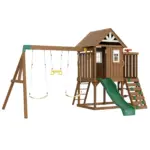 VEVOR Wooden Swing Set, 9 IN 1 Outdoor Playground Sets for Backyards, 2 Swings, Trapeze Bar, 6 FT Slide, Large Upper Fort with Kitchen Toys, Flat Step Ladder, Rock Wall, Picnic Table, Sandbox