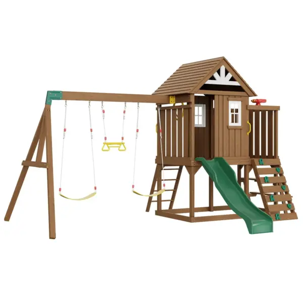 VEVOR Wooden Swing Set, 9 IN 1 Outdoor Playground Sets for Backyards, 2 Swings, Trapeze Bar, 6 FT Slide, Large Upper Fort with Kitchen Toys, Flat Step Ladder, Rock Wall, Picnic Table, Sandbox
