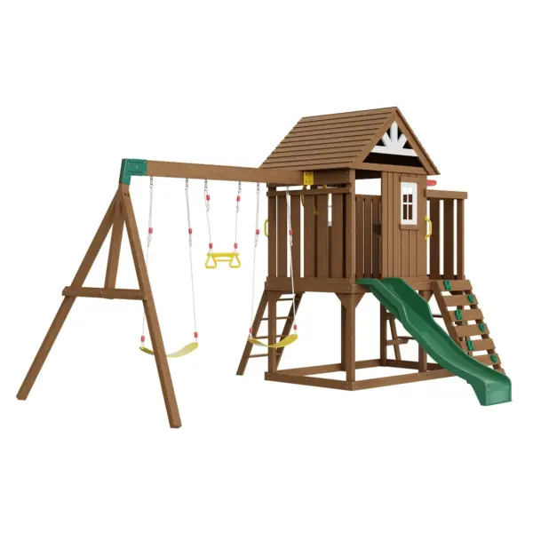 VEVOR Wooden Swing Set, 9 IN 1 Outdoor Playground Sets for Backyards, 2 Swings, Trapeze Bar, 6 FT Slide, Large Upper Fort with Kitchen Toys, Flat Step Ladder, Rock Wall, Picnic Table, Sandbox