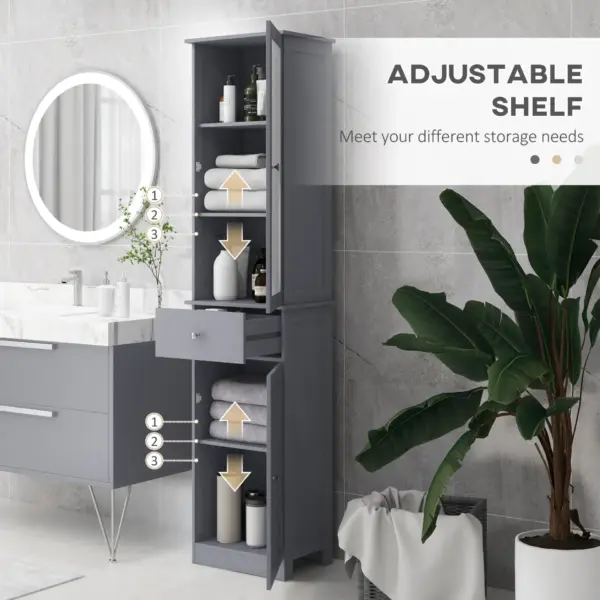 kleankin Bathroom Storage Cabinet with 3-tier Shelf Drawer Door, Floor Cabinet Free Standing Tall Slim Side Organizer Shelves in Grey