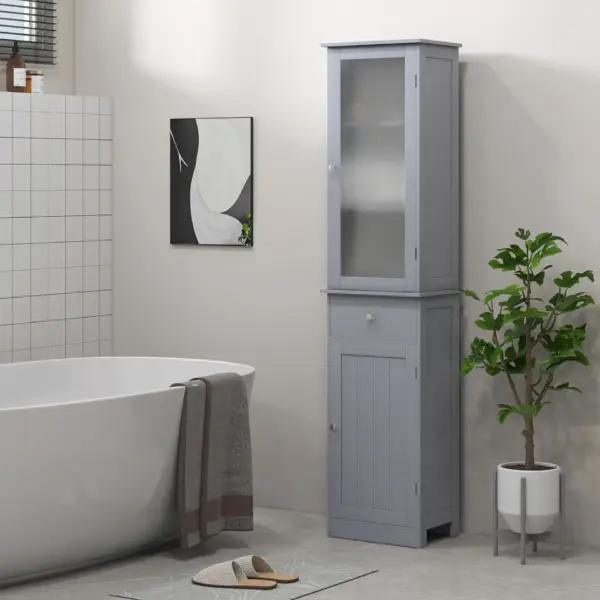 kleankin Bathroom Storage Cabinet with 3-tier Shelf Drawer Door, Floor Cabinet Free Standing Tall Slim Side Organizer Shelves in Grey