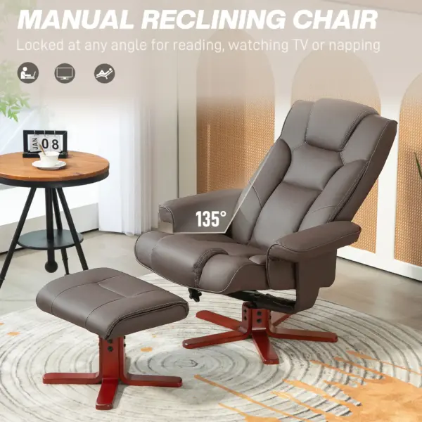 HOMCOM Faux Leather Manual Recliner and Footstool Set in Brown