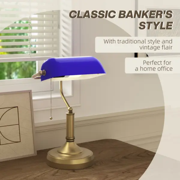 HOMCOM Banker's Desk Lamp with Antique Bronze Tone Base, Table Lamp with Blue Glass Shade for Home Office in Blue