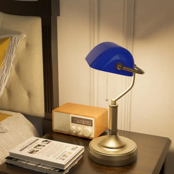 HOMCOM Banker's Desk Lamp with Antique Bronze Tone Base, Table Lamp with Blue Glass Shade for Home Office in Blue