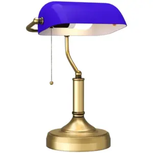 HOMCOM Banker's Desk Lamp with Antique Bronze Tone Base, Table Lamp with Blue Glass Shade for Home Office in Blue