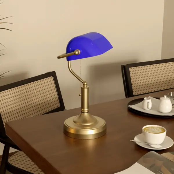 HOMCOM Banker's Desk Lamp with Antique Bronze Tone Base, Table Lamp with Blue Glass Shade for Home Office in Blue