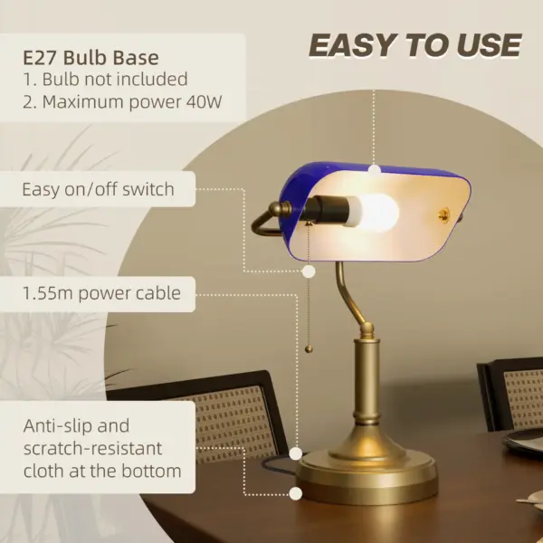 HOMCOM Banker's Desk Lamp with Antique Bronze Tone Base, Table Lamp with Blue Glass Shade for Home Office in Blue