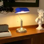 HOMCOM Banker's Desk Lamp with Antique Bronze Tone Base, Table Lamp with Blue Glass Shade for Home Office in Blue