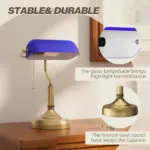 HOMCOM Banker's Desk Lamp with Antique Bronze Tone Base, Table Lamp with Blue Glass Shade for Home Office in Blue