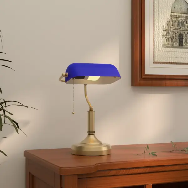 HOMCOM Banker's Desk Lamp with Antique Bronze Tone Base, Table Lamp with Blue Glass Shade for Home Office in Blue