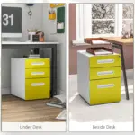 Vinsetto 3 Drawer Filing Cabinet, Steel Lockable File Cabinet with Lock and Wheels, for A4, Letter, Legal Sized Files in Yellow