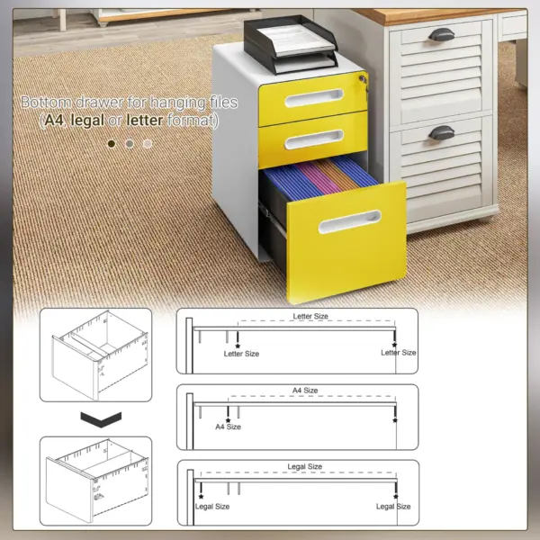 Vinsetto 3 Drawer Filing Cabinet, Steel Lockable File Cabinet with Lock and Wheels, for A4, Letter, Legal Sized Files in Yellow