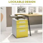 Vinsetto 3 Drawer Filing Cabinet, Steel Lockable File Cabinet with Lock and Wheels, for A4, Letter, Legal Sized Files in Yellow