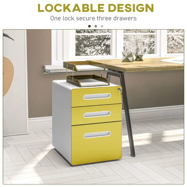 Vinsetto 3 Drawer Filing Cabinet, Steel Lockable File Cabinet with Lock and Wheels, for A4, Letter, Legal Sized Files in Yellow