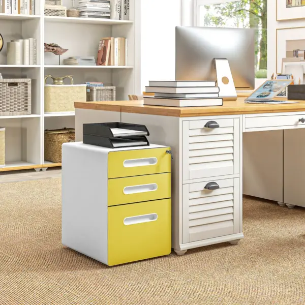 Vinsetto 3 Drawer Filing Cabinet, Steel Lockable File Cabinet with Lock and Wheels, for A4, Letter, Legal Sized Files in Yellow