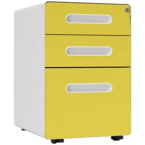 Vinsetto 3 Drawer Filing Cabinet, Steel Lockable File Cabinet with Lock and Wheels, for A4, Letter, Legal Sized Files in Yellow