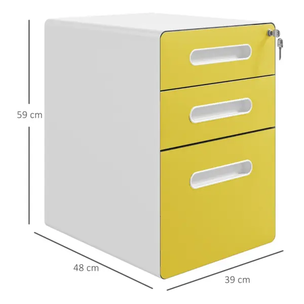 Vinsetto 3 Drawer Filing Cabinet, Steel Lockable File Cabinet with Lock and Wheels, for A4, Letter, Legal Sized Files in Yellow