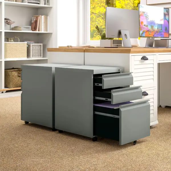 Vinsetto 3 Drawer Filing Cabinet, Mobile Metal File Cabinet with Anti-tilt Design for Letter, A4, Legal Size in Grey