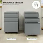 Vinsetto 3 Drawer Filing Cabinet, Mobile Metal File Cabinet with Anti-tilt Design for Letter, A4, Legal Size in Grey