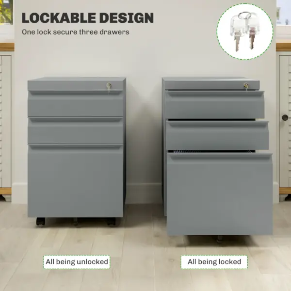 Vinsetto 3 Drawer Filing Cabinet, Mobile Metal File Cabinet with Anti-tilt Design for Letter, A4, Legal Size in Grey