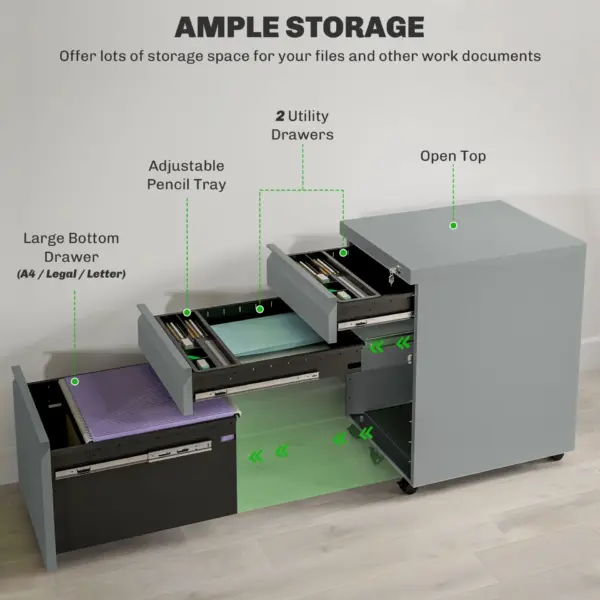 Vinsetto 3 Drawer Filing Cabinet, Mobile Metal File Cabinet with Anti-tilt Design for Letter, A4, Legal Size in Grey