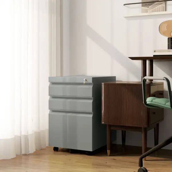 Vinsetto 3 Drawer Filing Cabinet, Mobile Metal File Cabinet with Anti-tilt Design for Letter, A4, Legal Size in Grey