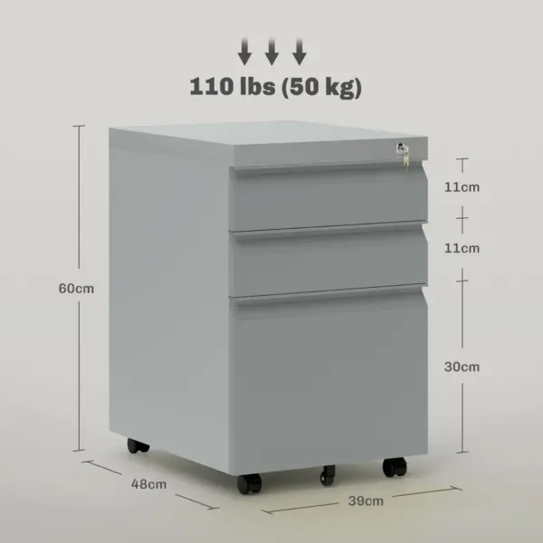 Vinsetto 3 Drawer Filing Cabinet, Mobile Metal File Cabinet with Anti-tilt Design for Letter, A4, Legal Size in Grey