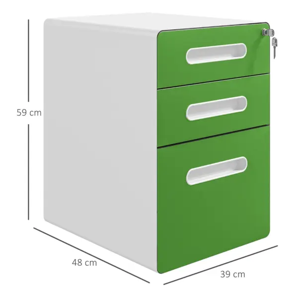 Vinsetto 3 Drawer Filing Cabinet, Steel Lockable File Cabinet with Lock and Wheels, for A4, Letter, Legal Sized Files in Green