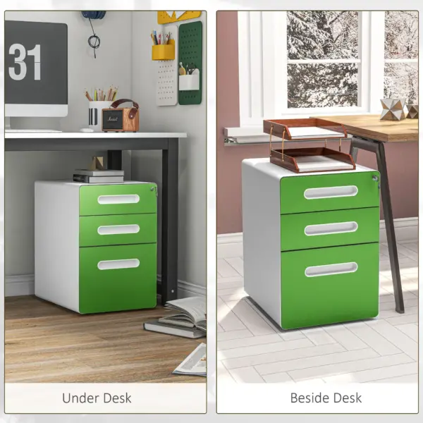 Vinsetto 3 Drawer Filing Cabinet, Steel Lockable File Cabinet with Lock and Wheels, for A4, Letter, Legal Sized Files in Green