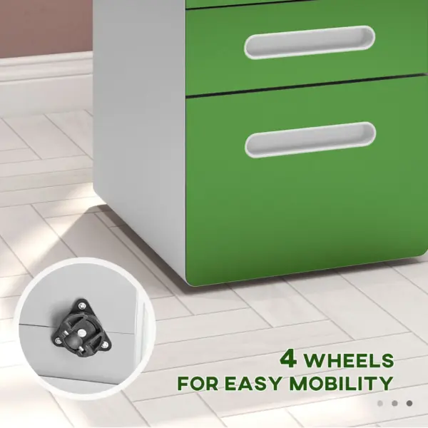 Vinsetto 3 Drawer Filing Cabinet, Steel Lockable File Cabinet with Lock and Wheels, for A4, Letter, Legal Sized Files in Green