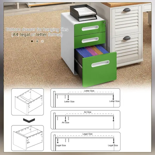 Vinsetto 3 Drawer Filing Cabinet, Steel Lockable File Cabinet with Lock and Wheels, for A4, Letter, Legal Sized Files in Green
