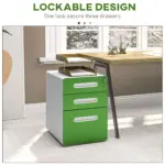 Vinsetto 3 Drawer Filing Cabinet, Steel Lockable File Cabinet with Lock and Wheels, for A4, Letter, Legal Sized Files in Green