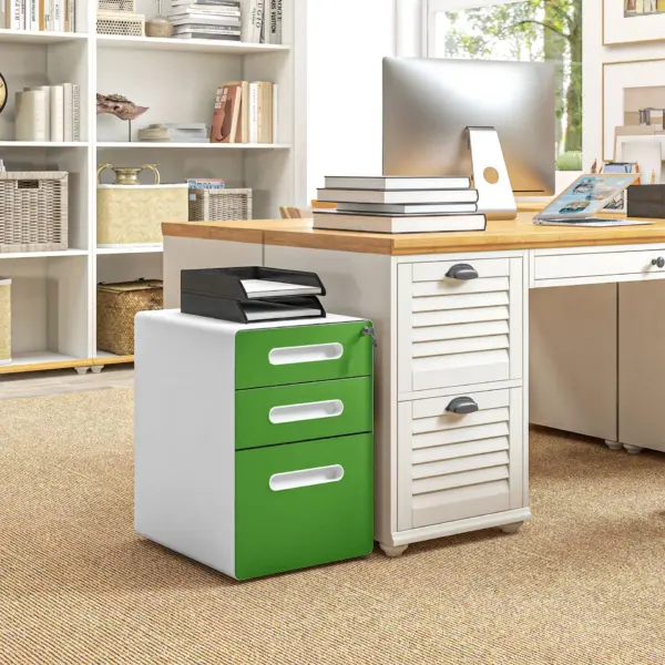 Vinsetto 3 Drawer Filing Cabinet, Steel Lockable File Cabinet with Lock and Wheels, for A4, Letter, Legal Sized Files in Green