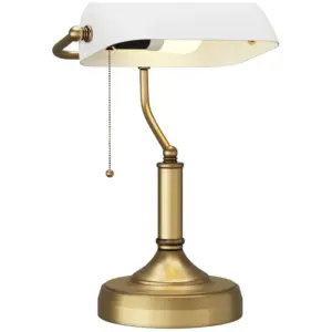 HOMCOM Banker's Desk Lamp with Antique Bronze Tone Base, Table Lamp with White Glass Shade for Home Office in White