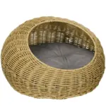 PawHut Wicker Cat House with Washable Cushion for Indoor Cats in Light Brown