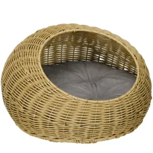 PawHut Wicker Cat House with Washable Cushion for Indoor Cats in Light Brown