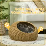 PawHut Wicker Cat House with Washable Cushion for Indoor Cats in Light Brown