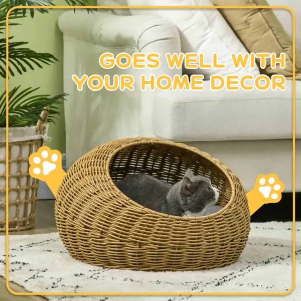 PawHut Wicker Cat House with Washable Cushion for Indoor Cats in Light Brown