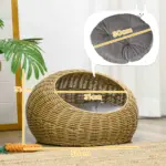 PawHut Wicker Cat House with Washable Cushion for Indoor Cats in Light Brown