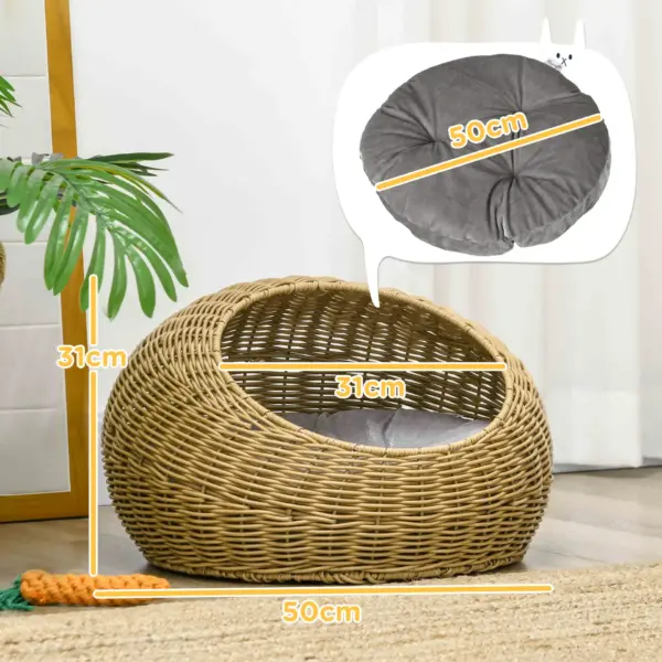 PawHut Wicker Cat House with Washable Cushion for Indoor Cats in Light Brown