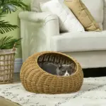 PawHut Wicker Cat House with Washable Cushion for Indoor Cats in Light Brown