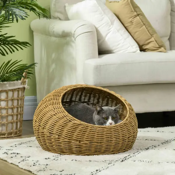 PawHut Wicker Cat House with Washable Cushion for Indoor Cats in Light Brown