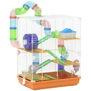 PawHut 5 Tier Hamster Cage Carrier Habitat with Exercise Wheels, Tunnel in Orange