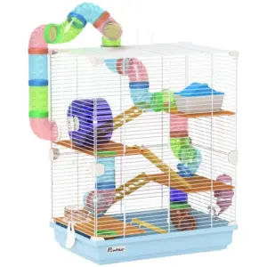 PawHut 5 Tier Hamster Cage Carrier Habitat with Exercise Wheels, Tunnel in Light Blue