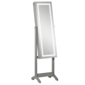HOMCOM Jewellery Cabinet with LED Light, Lockable Jewellery Organiser with Full-Length Mirror for Bedroom Dressing Room in Grey