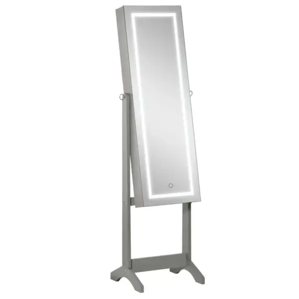 HOMCOM Jewellery Cabinet with LED Light, Lockable Jewellery Organiser with Full-Length Mirror for Bedroom Dressing Room in Grey