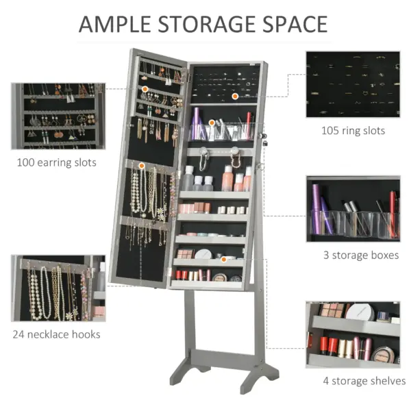 HOMCOM Jewellery Cabinet with LED Light, Lockable Jewellery Organiser with Full-Length Mirror for Bedroom Dressing Room in Grey