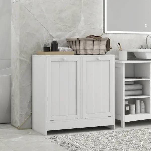 kleankin Tilt-Out Laundry Cabinet, Modern Bathroom Cabinet with 2 Compartments for Bathroom Washroom in White