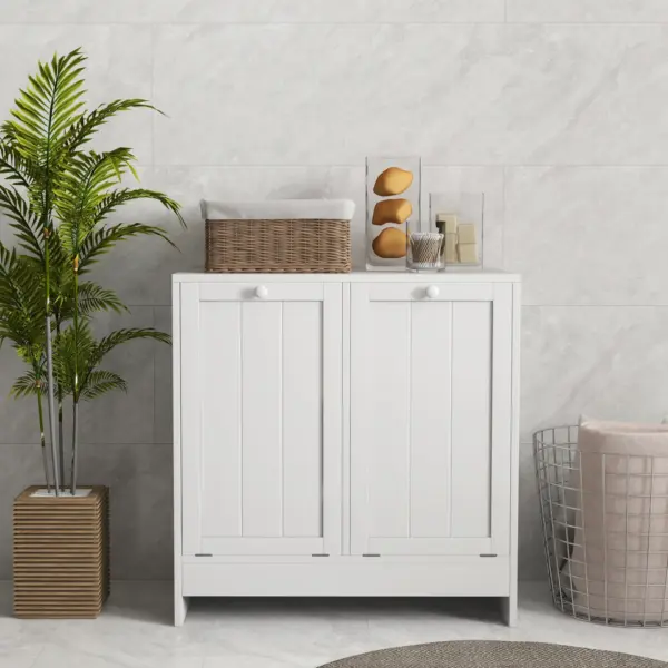 kleankin Tilt-Out Laundry Cabinet, Modern Bathroom Cabinet with 2 Compartments for Bathroom Washroom in White